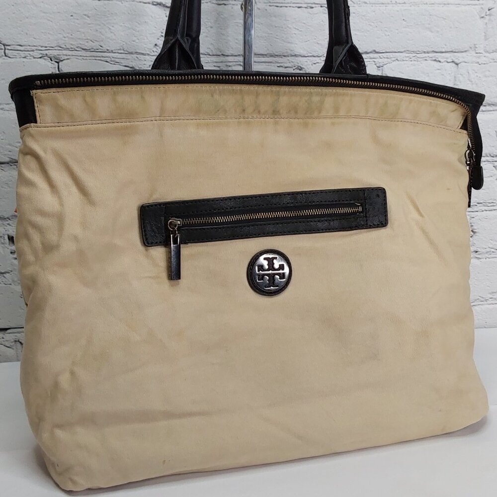 TORY BURCH TOTE BAG LEATHER & NYLON NAVY BLUE DOUBLE SHOULDER STRAPS - Picture 8 of 14